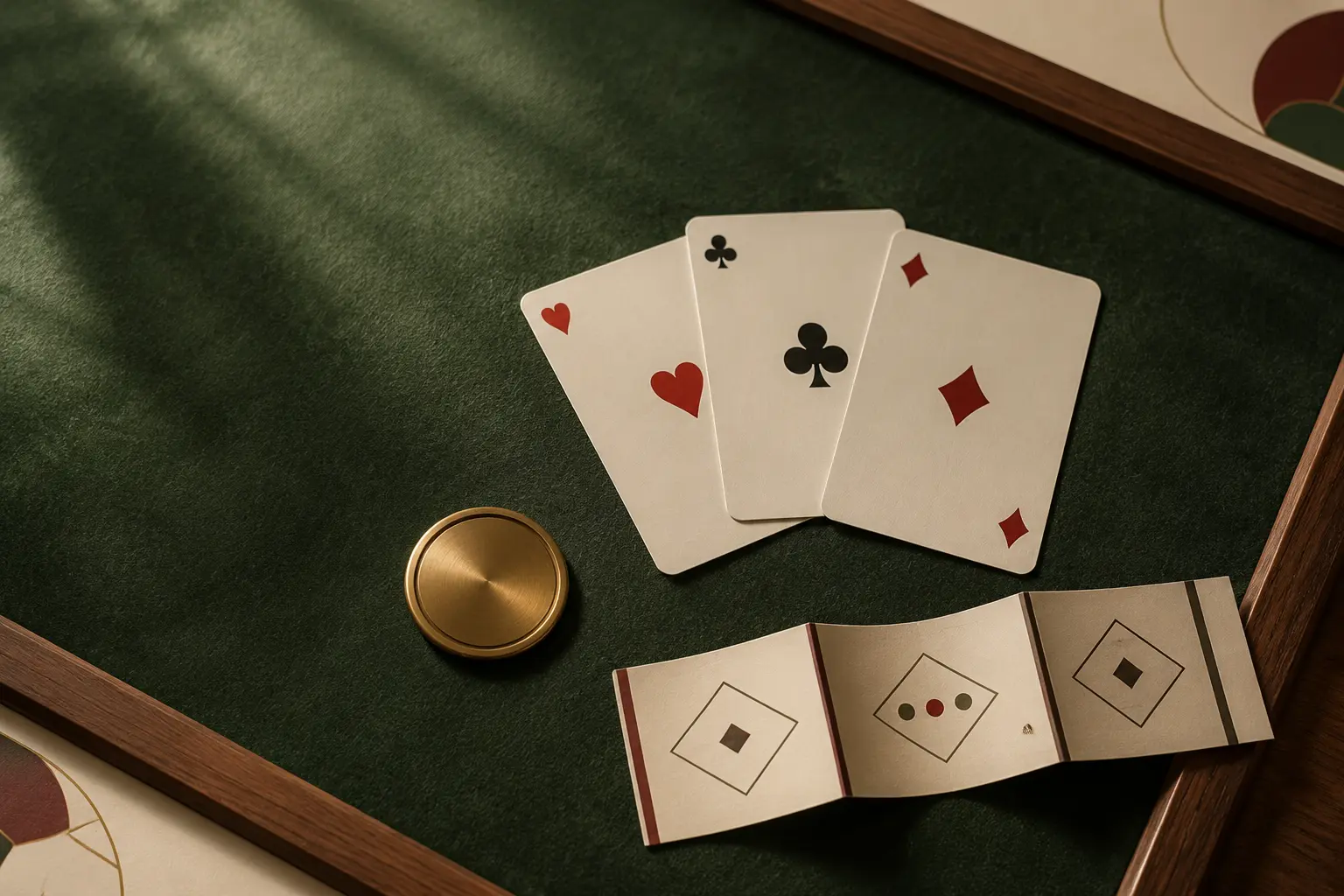 Three ivory playing cards and an instruction ribbon arranged on green felt